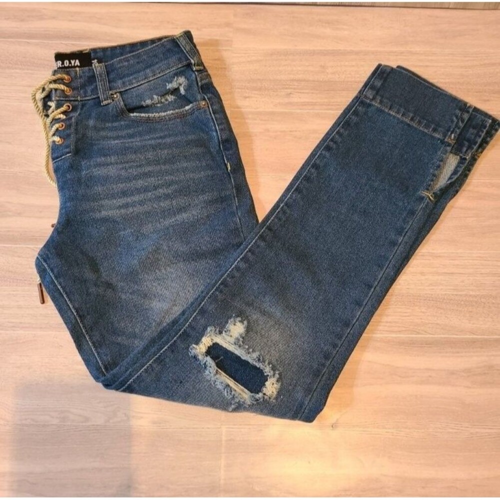SER.O.YA Luca Mid Rise Slim Jeans Womens W24 L28 Blue Lace Up Tie Distressed NWT